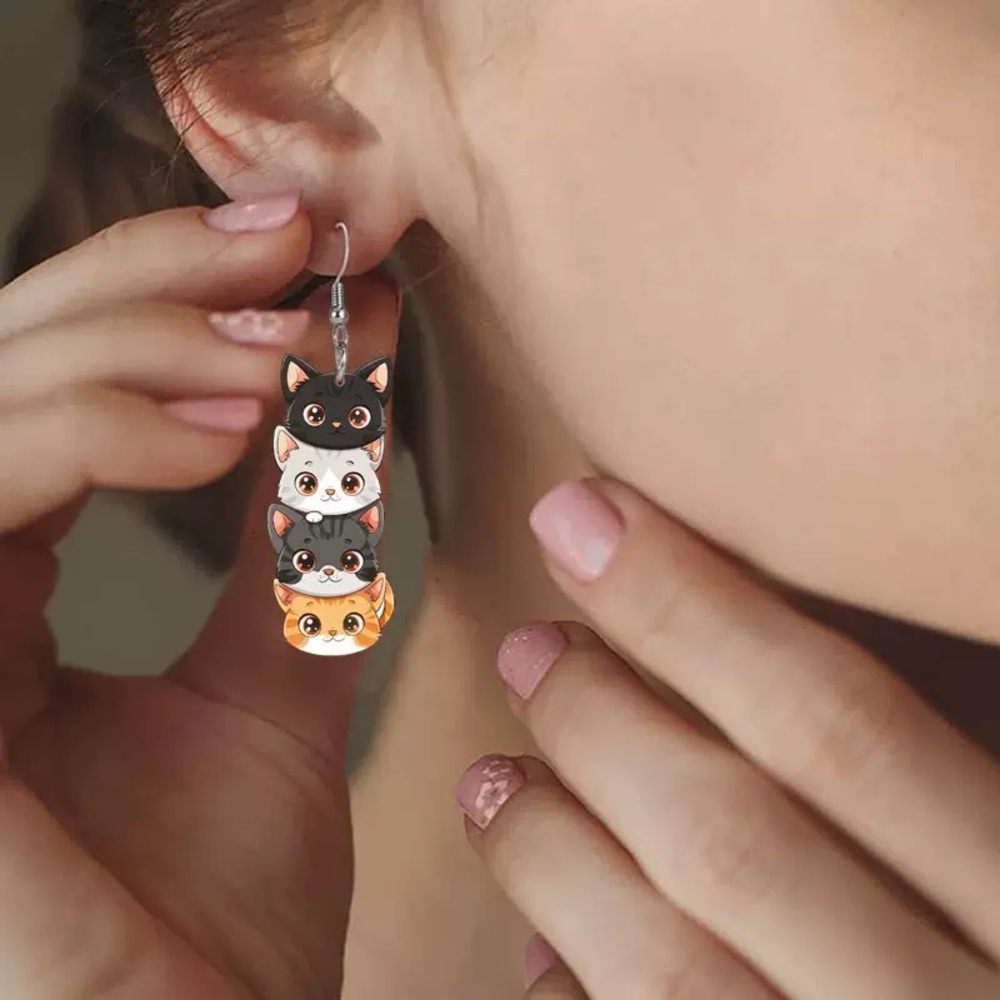 Anthropologie Stacked Cat Dangle Earrings - Black, White, Gray, Orange